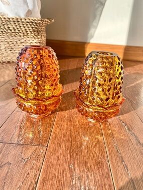 Fenton Amber Hobnail Glass Votive Holders - Set of 2.  Fairy Lamp.